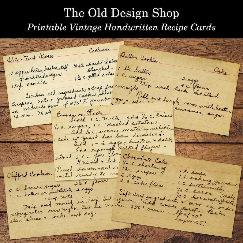 May include: Vintage recipe cards with handwritten instructions for Date & Nut Kisses, Cookies, Butter Cookies, Cinnamon Rolls, Clifford Cookies, and Chocolate Cake. The cards are on a woodgrain background.
