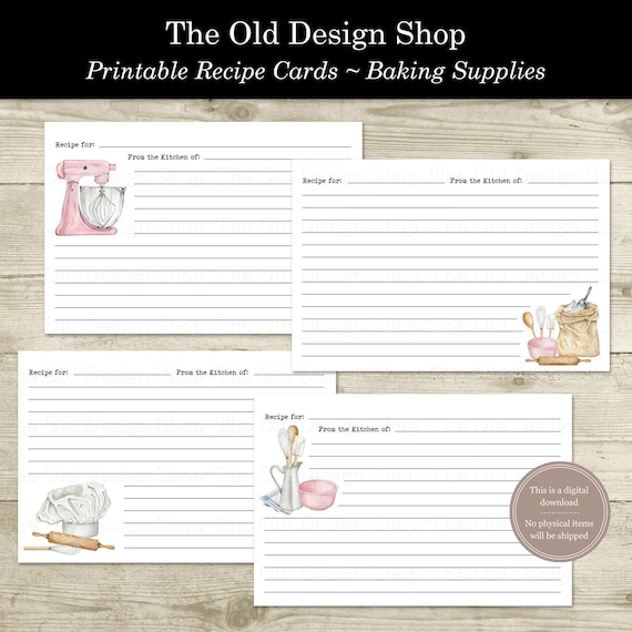 Printable Recipe Card Blank Recipe Card Cute Bakery Watercolor Baking Supplies Dough Mixer Digital Recipe Card 4x6 Digital Cooking Ephemera