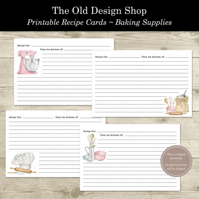 May include: Printable recipe cards from The Old Design Shop. The cards feature watercolour illustrations of baking tools like a mixer, chef's hat, rolling pin, and measuring spoons. Each card has lines for writing recipes, with space for the recipe name and the kitchen it's from.