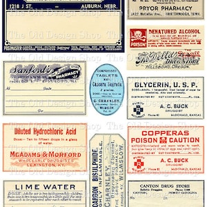 Afdrukbare medische apotheek vintage giflabels set 1 voor ongewenste tijdschriften, kaarten maken aanbod volledig commercieel gebruik digitale download JPG-indeling