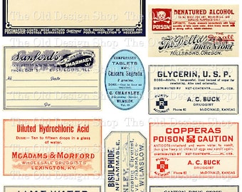 印刷可能な医療薬局用ヴィンテージ毒物ラベルセット1、ジャンク