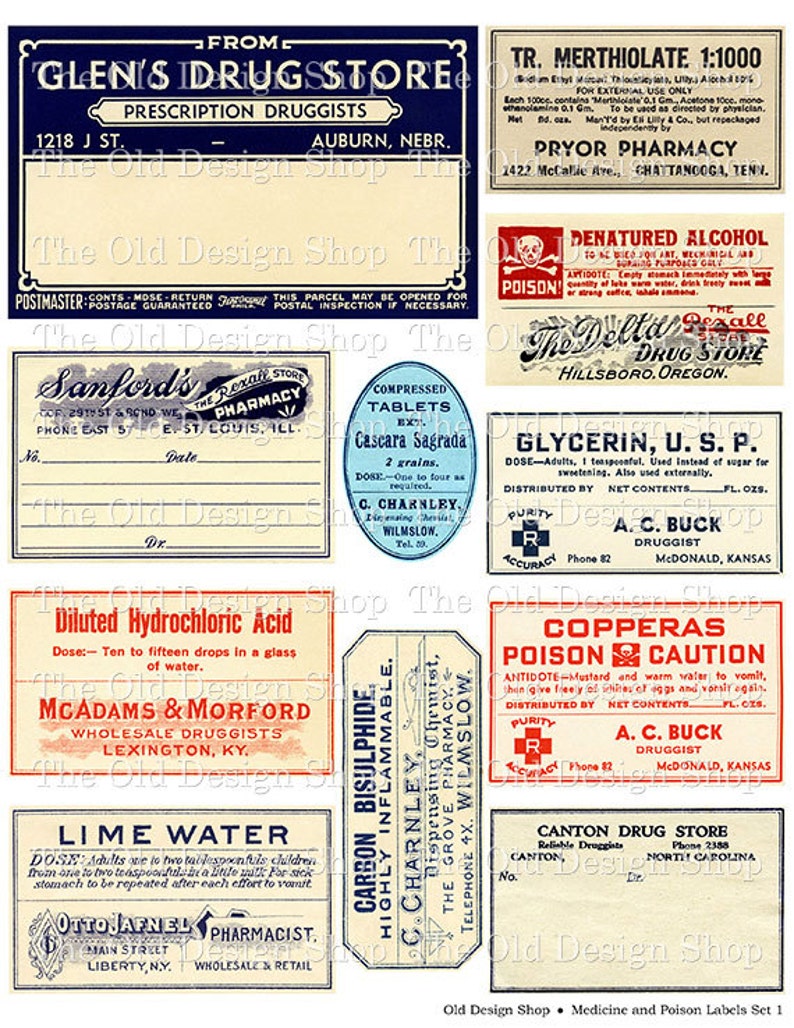 Vintage Pharmacy Printable Ephemera Scanned from Original Antique Medicine Labels Set 1 image 1
