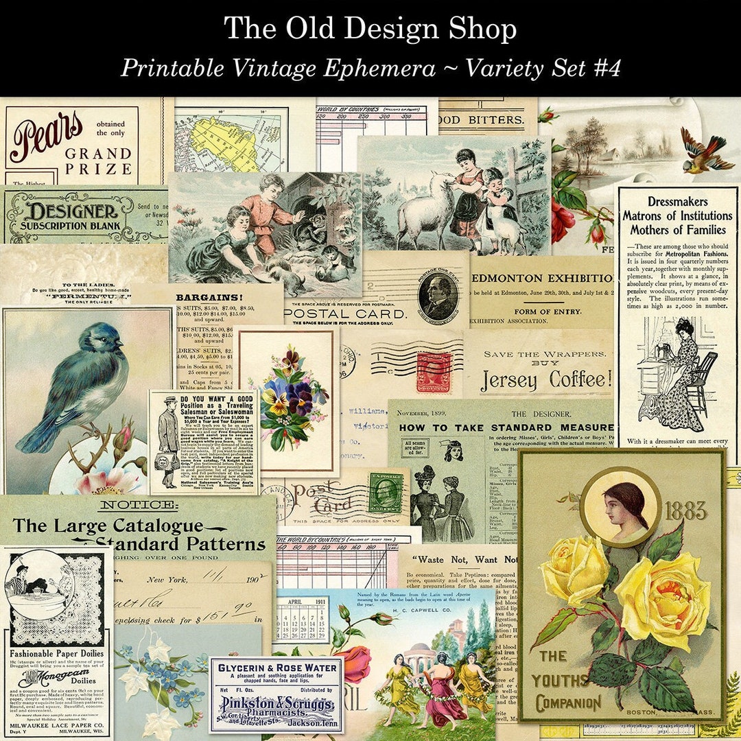 Set 4 Vintage Ephemera Printable Variety Pack for Junk Journals ...
