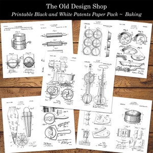 Pacote de papel para patentes vintage para impressão, café com tema de cozimento tingido, além de economia de tinta, download digital em preto e branco