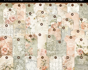 Shabby Worn Floral Tags Printable Shabby Tags Grunge Ephemera for Junk Journals Cardmaking Supply Digital Download Ephemera JPG Format