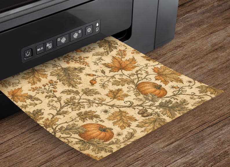 K&ouml;nnte beinhalten: Ein schwarzer Drucker, der ein Blatt Papier mit einem botanischen Muster im Vintage-Stil ausgibt. Das Design zeigt orangefarbene K&uuml;rbisse, braune Eicheln und detaillierte Herbstbl&auml;tter auf beigem Grund, erg&auml;nzt durch kleine Spinnen.