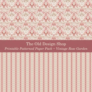 K&ouml;nnte beinhalten: Druckbares Papierpaket mit Vintage-Rosenmuster. Die obere H&auml;lfte zeigt ein sich wiederholendes Muster aus rosa und beigen floralen Elementen auf cremefarbenem Hintergrund. Die untere H&auml;lfte hat ein vertikales Streifenmuster in den gleichen Farben. Der Text lautet "The Old Design Shop".