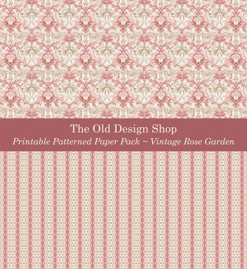 K&ouml;nnte beinhalten: Druckbares Papierpaket mit Vintage-Rosenmuster. Die obere H&auml;lfte zeigt ein sich wiederholendes Muster aus rosa und beigen floralen Elementen auf cremefarbenem Hintergrund. Die untere H&auml;lfte hat ein vertikales Streifenmuster in den gleichen Farben. Der Text lautet "The Old Design Shop".