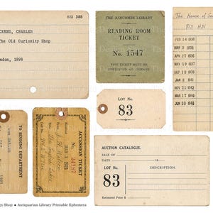 May include: A collection of vintage-style paper ephemera including library cards, reading room tickets, accession tickets, and auction catalogue forms. The items feature aged beige, green, and red tones with printed text, dates, and lines.