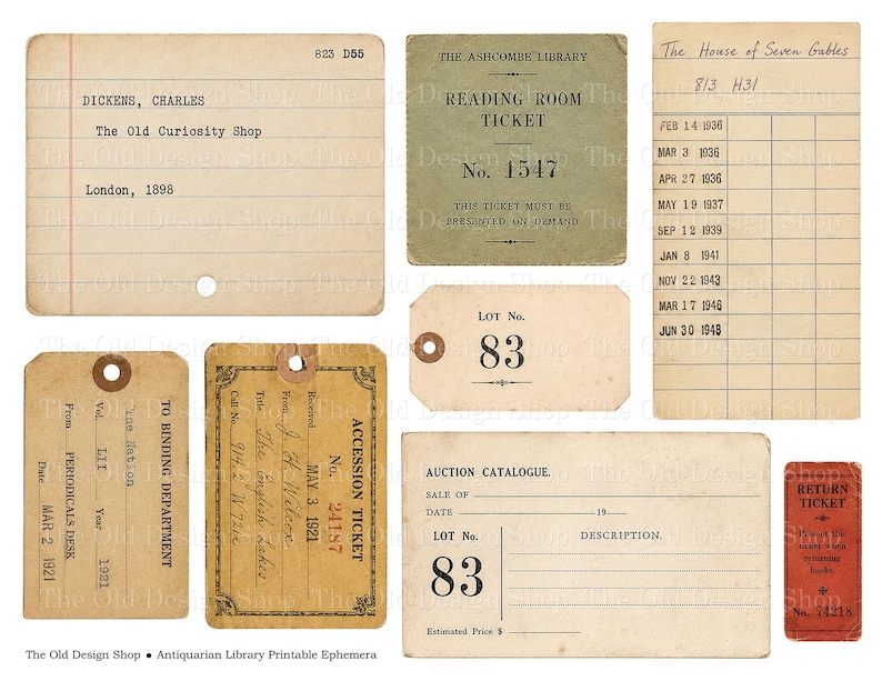 May include: A collection of vintage-style paper ephemera including library cards, reading room tickets, accession tickets, and auction catalogue forms. The items feature aged beige, green, and red tones with printed text, dates, and lines.