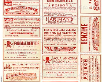 Materiale stampabile vintage da farmacia, scansionato da etichette originali di medicinali d'epoca (set 3)