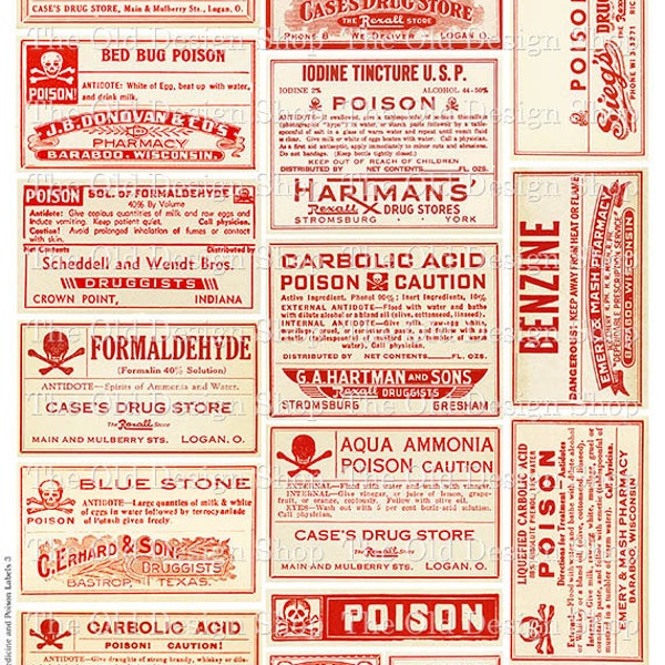 Vintage Medical Pharmacy Poison Labels Set 3 Commercial Use Printable JPG Digital Download Collage Sheet