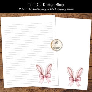 Papelaria para escrever cartas com orelhas de coelho rosa, papelaria para impressão, orelhas de coelho aquarela, laço rosa coquete, papelaria de Páscoa para cartas manuscritas em PDF