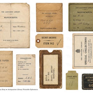 May include: A collection of vintage-style paper ephemera including library cards, envelopes, and tags. Items feature printed text such as The Ashcombe Library, Manuscripts, Secret Archive Item 912, Private Papers, and Authorized Reader 607 in black ink.