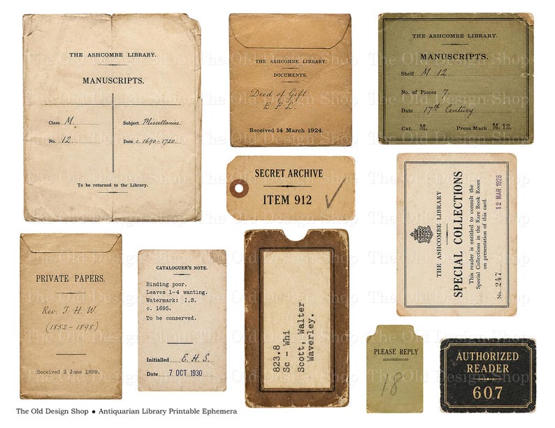 May include: A collection of vintage-style paper ephemera including library cards, envelopes, and tags. Items feature printed text such as The Ashcombe Library, Manuscripts, Secret Archive Item 912, Private Papers, and Authorized Reader 607 in black ink.