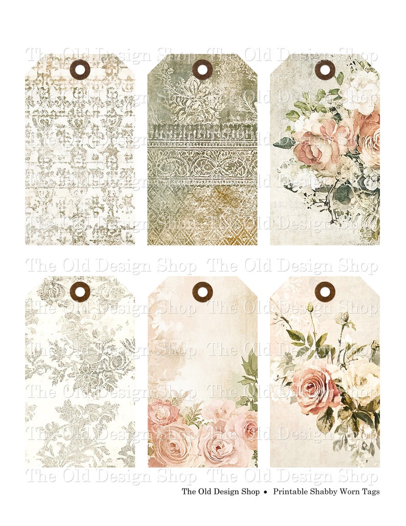 Shabby Worn Floral Tags Printable Shabby Tags Grunge Ephemera for Junk ...