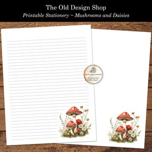 Papelería imprimible para cartas de hongos y margaritas. Hongos botánicos. Papelería imprimible para cartas escritas a mano.
