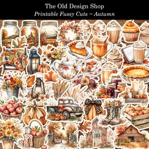 May include: A set of printable fussy cut stickers featuring autumnal themes. The stickers include images of pumpkins, gourds, leaves, a farmhouse, a lantern, a teapot, a pie, a truck, and more. The text "The Old Design Shop" and "Printable Fussy Cuts ~ Autumn" is included in the image.