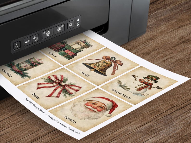 May include: A set of six vintage Christmas flashcards featuring illustrations of a candle, gifts, a bell, a snowman, a bow, and Santa Claus. The cards are printed on a cream-colored paper with a distressed look.