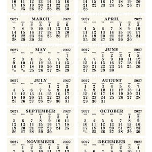 May include: Printable 2027 calendar cards featuring a cream-colored background with black text. Each month is displayed on a separate card, with the days of the week and dates clearly visible. The Old Design Shop logo is at the bottom.