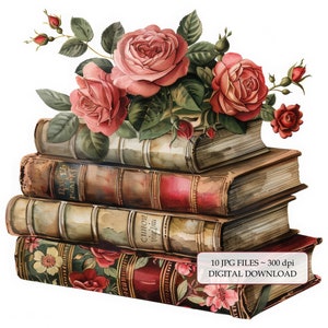10 livres délabrés et roses Clipart haute qualité JPG fabrication de cartes indésirables journaux usage Commercial aquarelle Clipart Bundle téléchargement numérique