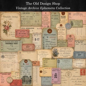 May include: A collection of vintage ephemera featuring various paper documents, including receipts, passenger tickets, shipping tags, and postcards in shades of beige, cream, and muted colors with printed text and floral illustrations.