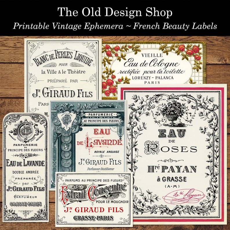 May include: Vintage French beauty labels with black and white illustrations and text in French. The labels feature floral designs and the names of different perfumes, including "Eau de Cologne", "Eau de Lavande", "Eau de Roses", and "Extrait Concentre".