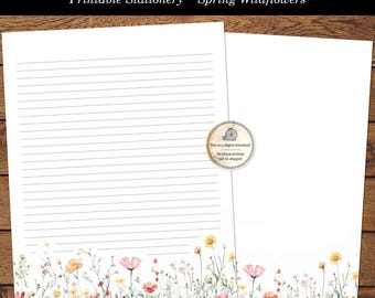 Cartas imprimibles con flores silvestres de primavera, papelería para escribir, acuarela, floral, para amigos por correspondencia, botánica, con líneas y sin líneas, descarga digital