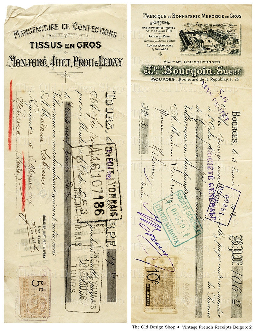 Vintage French Ephemera Invoice Receipt Aged Shabby Printable JPG Dig…