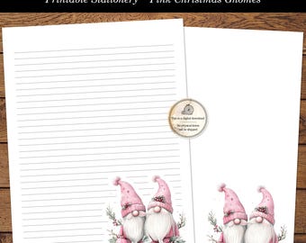 Pink Christmas Gnomes Letter Writing Stationery Watercolor Gnomes Penpal Stationary Lined & Unlined Digital Download