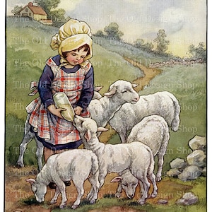 Fille nourrissant l'agneau vintage ferme graphiques imprimables éphémères pour journaux indésirables fournitures de fabrication de cartes usage commercial téléchargement numérique Image JPG