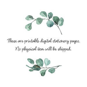 May include: Printable digital stationery pages with a green leafy branch design. The text reads "These are printable digital stationery pages. No physical item will be shipped."