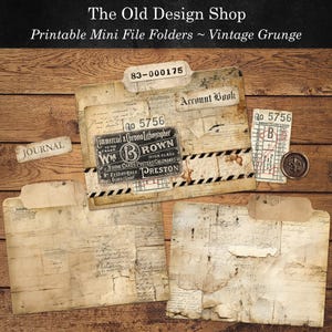 Puede incluir: Una colección de mini carpetas imprimibles con una estética vintage grunge. La imagen presenta varias carpetas con texturas de papel envejecido, etiquetas y texto manuscrito. Una carpeta tiene el texto "Account Book" y otra "Journal".