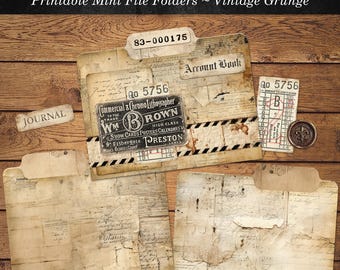 Printable Mini File Folders, Junk Journal Ephemera Kit, Vintage Grunge Craft Set, Digital Download