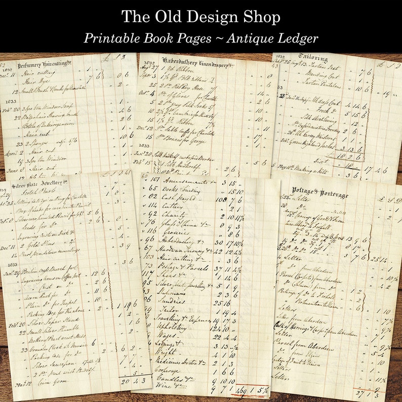 May include: A vintage ledger page with handwritten entries for various goods and services, including perfumery, haberdashery, tailoring, jewelry, and postage. The page is yellowed with age and has a worn, rustic look.