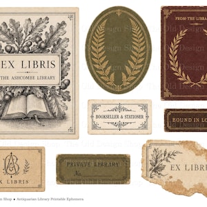 May include: A collection of vintage-style paper labels and bookplates featuring botanical illustrations, laurel wreaths, and text including EX LIBRIS, THE ASHCOMBE LIBRARY, BOOKSELLER & STATIONER, BOUND IN LONDON, and PRIVATE LIBRARY on various shapes.