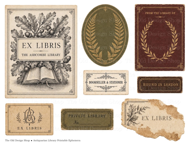 May include: A collection of vintage-style paper labels and bookplates featuring botanical illustrations, laurel wreaths, and text including EX LIBRIS, THE ASHCOMBE LIBRARY, BOOKSELLER & STATIONER, BOUND IN LONDON, and PRIVATE LIBRARY on various shapes.