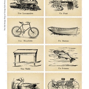 Peut inclure: Un ensemble de six cartes m&eacute;moire fran&ccedil;aises vintage avec des illustrations en noir et blanc d'une locomotive, d'un pont, d'un v&eacute;lo, d'un bateau, d'une table, d'un poisson, d'un canard et d'une voiture &agrave; cheval. Chaque carte porte un mot fran&ccedil;ais d&eacute;crivant l'image.