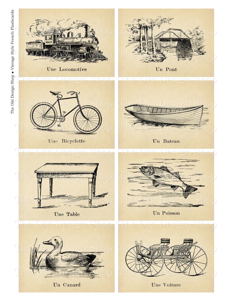 Peut inclure: Un ensemble de six cartes m&eacute;moire fran&ccedil;aises vintage avec des illustrations en noir et blanc d'une locomotive, d'un pont, d'un v&eacute;lo, d'un bateau, d'une table, d'un poisson, d'un canard et d'une voiture &agrave; cheval. Chaque carte porte un mot fran&ccedil;ais d&eacute;crivant l'image.