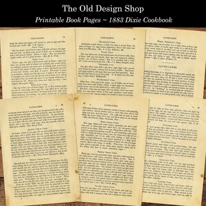 May include: A collection of vintage cookbook pages from the 1883 Dixie Cookbook. The pages feature recipes for various cakes, including layer cakes, tea cakes, and French cream puffs. The text includes ingredients and instructions for each recipe.