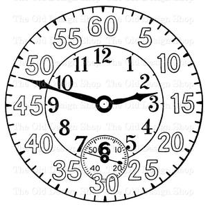 May include: Black and white illustration of a clock face with Roman numerals and Arabic numerals. The clock face has two hands, one long and one short. The clock face is surrounded by a circle with numbers from 5 to 60.