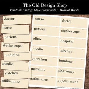 Può includere: Un insieme di flashcard in stile vintage con termini medici stampati. Le flashcard sono beige con testo nero, tra cui parole come "dottore", "infermiera" e "stetoscopio". Il titolo recita "Flashcard in stile vintage stampabili ~ Parole mediche."