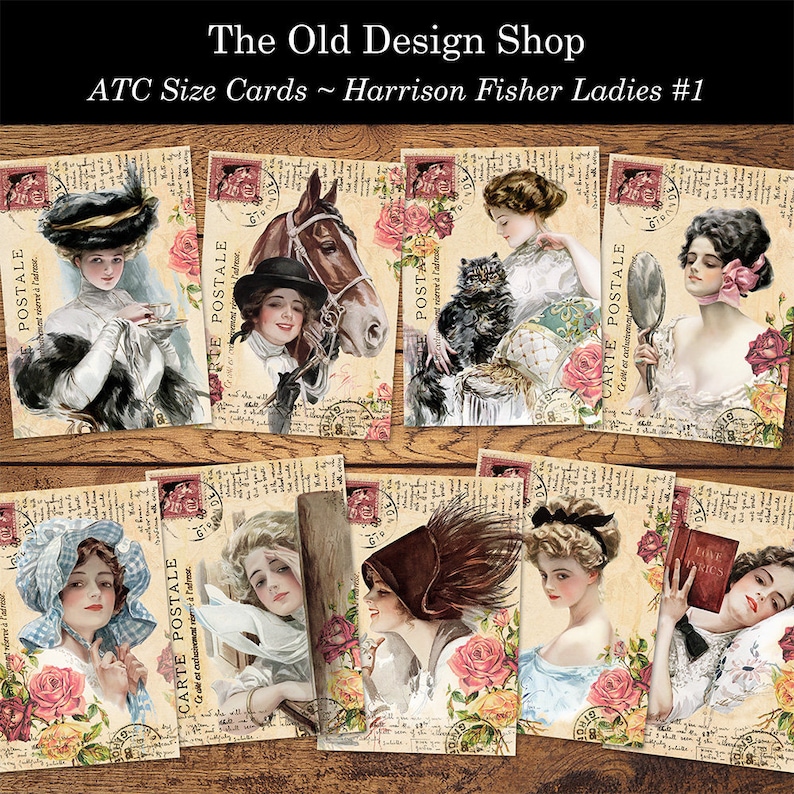 Harrison Fisher Ladies Altered ATC Size Cards Set 1 Printable Journal Cards Digital Collage Sheet image 1