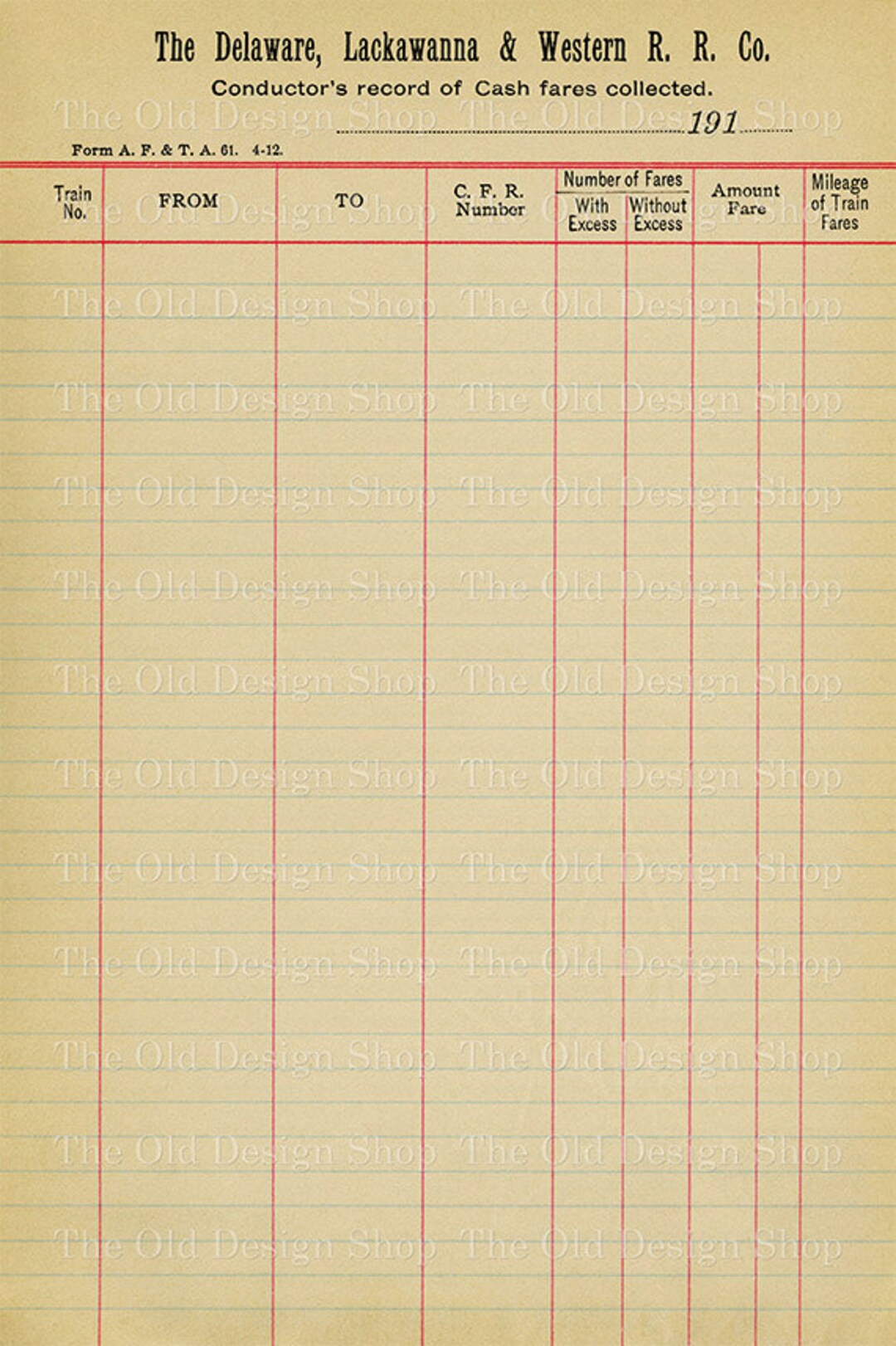 Vintage Accounting Page Train Railroad Record of Cash Fares Commercial