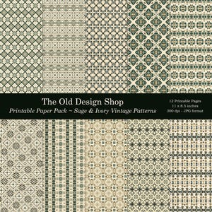 Gedempte salie en ivoor Digitaal afdrukbaar papier Elegante vintage sierlijke patroonontwerpen ongewenste tijdschrifthandtekeningpagina's kaarten maken Supply JPG-bestanden