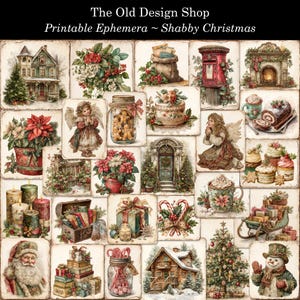 Puede incluir: Un collage de efímeras navideñas de estilo vintage, con ilustraciones de ángeles, flores de pascua, galletas de jengibre, una cabaña acogedora y un muñeco de nieve. El texto "The Old Design Shop Printable Ephemera ~ Shabby Christmas" está presente.