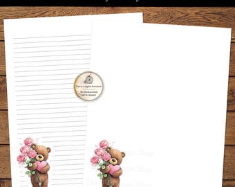 Teddy Bear and Roses Stationery Printable Writing Paper for Handwritten Letters Notepaper Digital Download