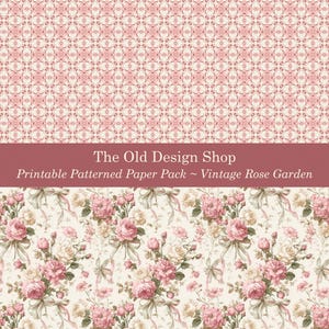 K&ouml;nnte beinhalten: Druckbares Papierpaket mit Vintage-Rosen-Garten-Motiv. Das Design zeigt ein sich wiederholendes Muster aus rosa Rosen, Schleifen und Bl&auml;ttern auf cremefarbenem Hintergrund. Der obere Bereich hat ein rosa-wei&szlig;es geometrisches Muster. Der Text lautet "The Old Design Shop".