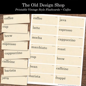 Koffie Flashcards Afdrukbare Junk Journal Neutrale Ephemera Card Making Supply Retro Vintage Flash Card Koffie Woorden Digitale Download JPG-bestand