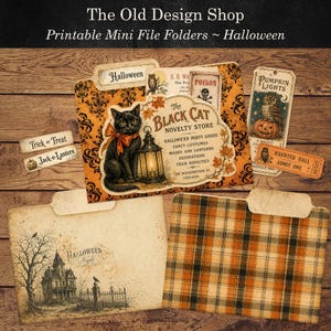 May include: A collection of printable Halloween-themed mini file folders and tags. The items feature vintage-style graphics including a black cat with a lantern, a haunted house, orange and black damask patterns, and plaid designs with text.
